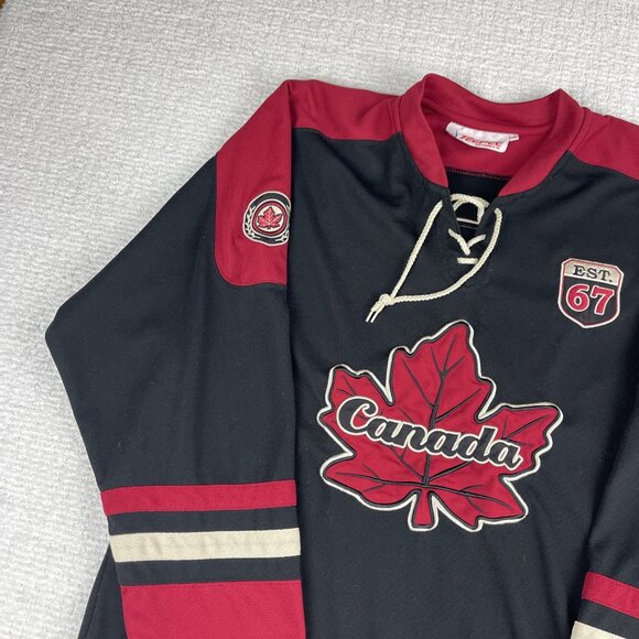 Retro Est. 67 Canada Hockey Jersey Stitched Teepee Sports Size L Black & Red - Picture 3 of 16